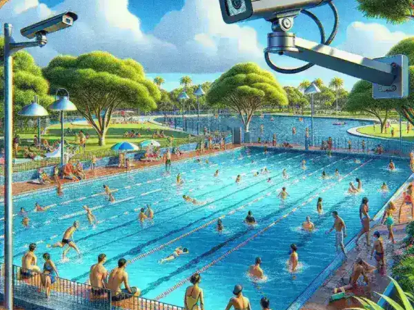"Imagen de un sistema de vigilancia con inteligencia artificial en una piscina de Queensland, Australia, diseñado para detectar emergencias y mejorar la seguridad acuática."