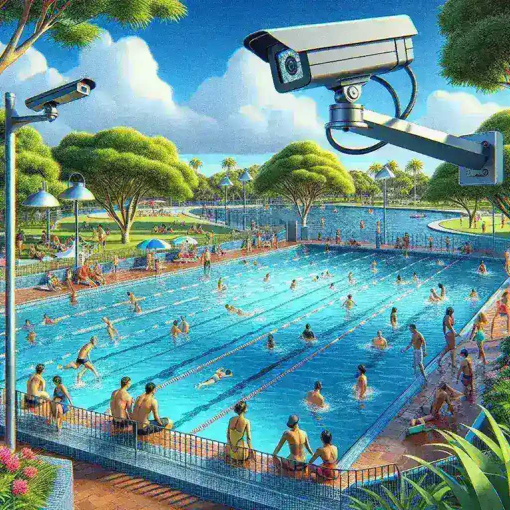 "Imagen de un sistema de vigilancia con inteligencia artificial en una piscina de Queensland, Australia, diseñado para detectar emergencias y mejorar la seguridad acuática."
